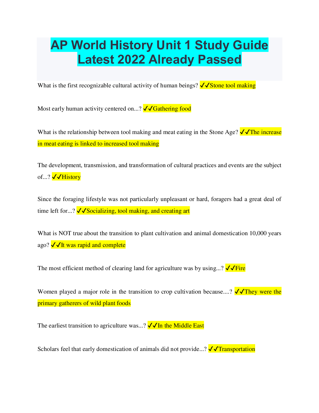 Preview of AP World History Unit 1 Study Guide Latest 2022 Already Passed